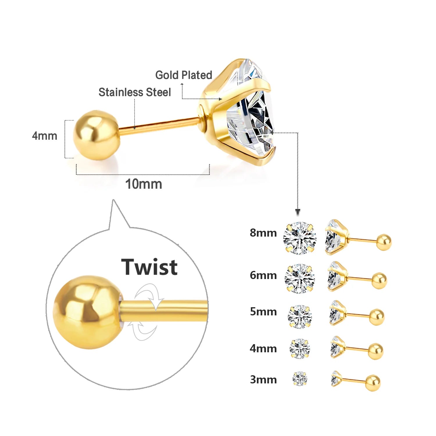 LUXUSTEEL 1 paire/2 pièces Boucles d'oreilles clous en acier inoxydable cristal pour femmes hommes 4 griffes Tragus rond clair Zircon cubique Bijoux d'oreille