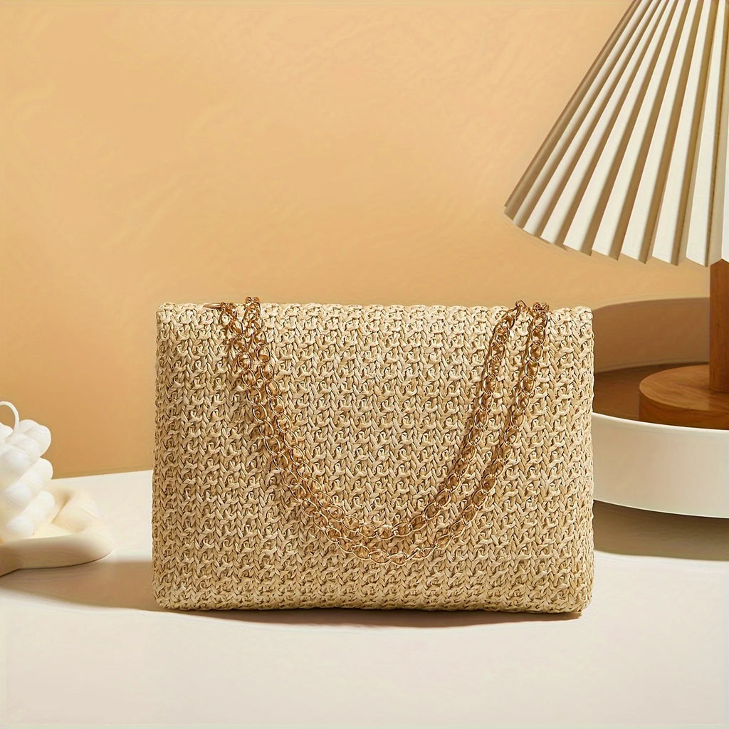 Sac à bandoulière tissé en paille pour femme, sac à bandoulière de couleur unie à la mode avec fermeture à loquet