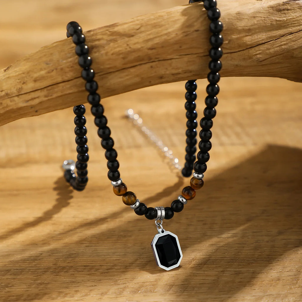Collier chapelet perles œil de tigre HNSP pour hommes, pendentif cristal noir, bijoux de protection religieuse