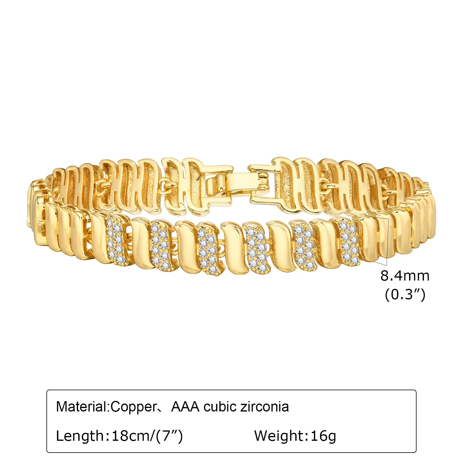 Bracelet chaîne trombone en or 14 carats plaqué oxyde de zirconium, bracelet de montre à maillons épais réglable et superposable pour femme et fille, idée cadeau