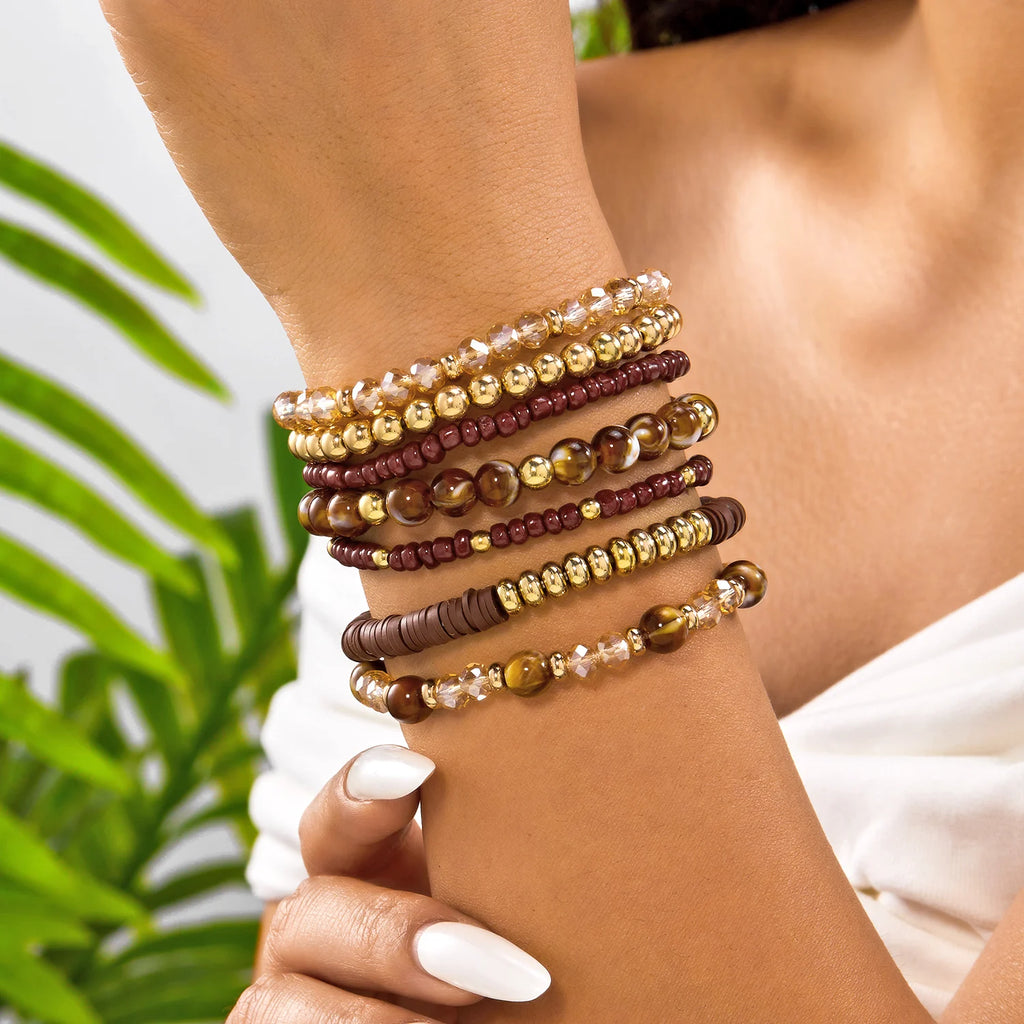 Lot de 10 Bracelets Bohèmes Chic en Bois et Perles Mixées pour Femmes, Bracelets Exquis en Gravier de Cristal, Cadeaux de Bijoux d'Amitié