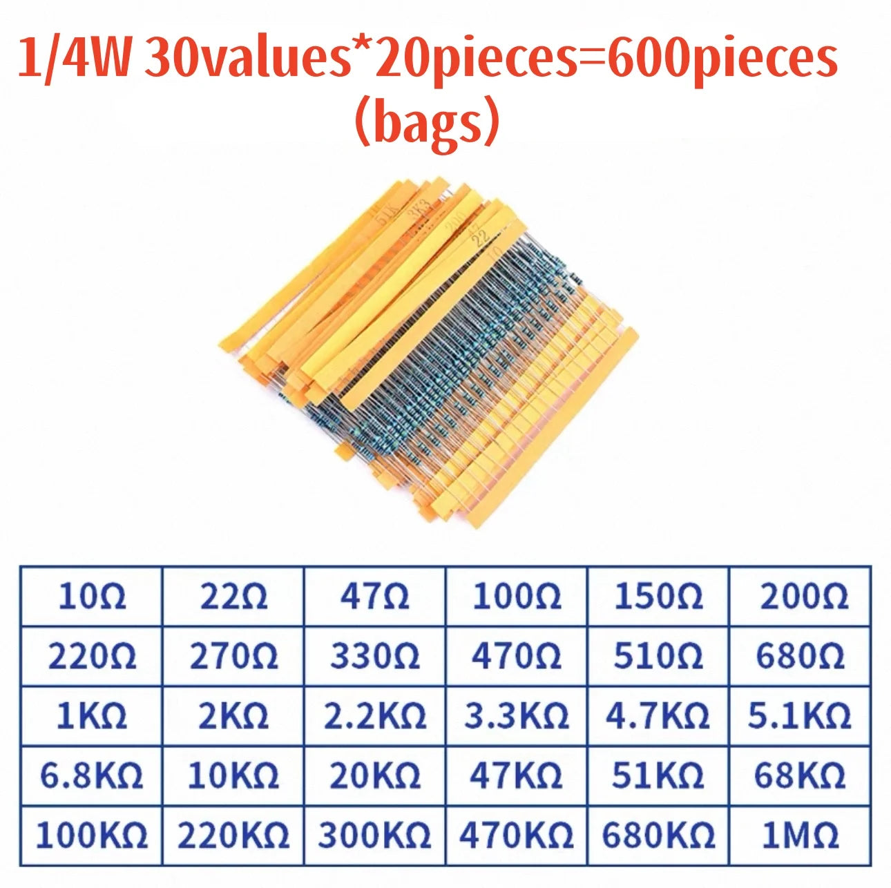 300 pcs/600 pcs/820 pcs Kit de résistances 1 % 1/4 W à film métallique, 10 Ohms ~ 1 M Ohms, 30 valeurs, Kit de composants électroniques