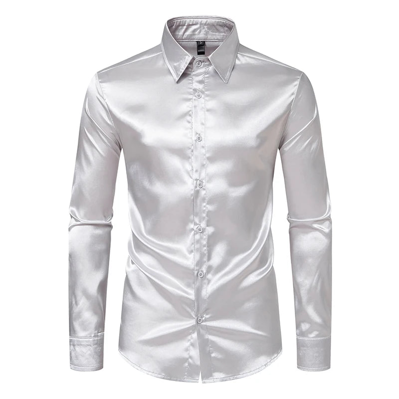 Chemises habillées de luxe en satin noir pour hommes, chemise de smoking lisse en soie, chemise unie pour mariage, bal, décontractée, bureau d'affaires