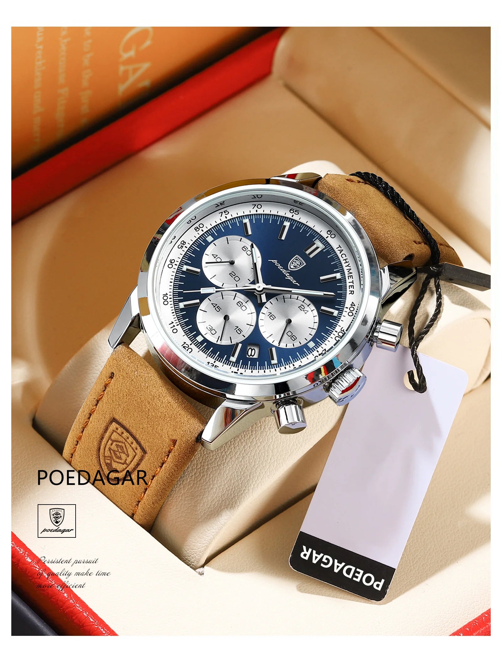 POEDAGAR Montre homme étanche avancée avec calendrier, veilleuse, chronomètre, montre homme en cuir de luxe et de mode