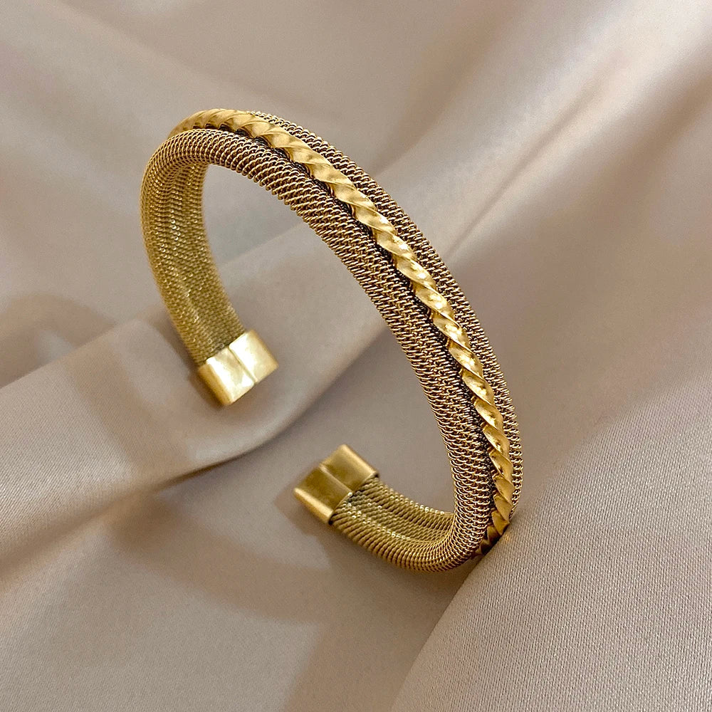 Bracelet jonc épais en acier inoxydable plaqué or pour femmes et hommes, vintage, géométrique, large, étanche
