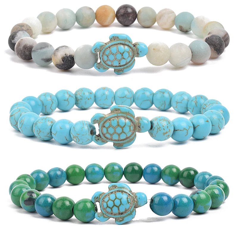 Bracelet perles tortues de mer 8 mm Turquoise Pierre Naturelle Élastique Extensible Femmes Hommes Amitié Bijoux d'Été Plage Cadeaux