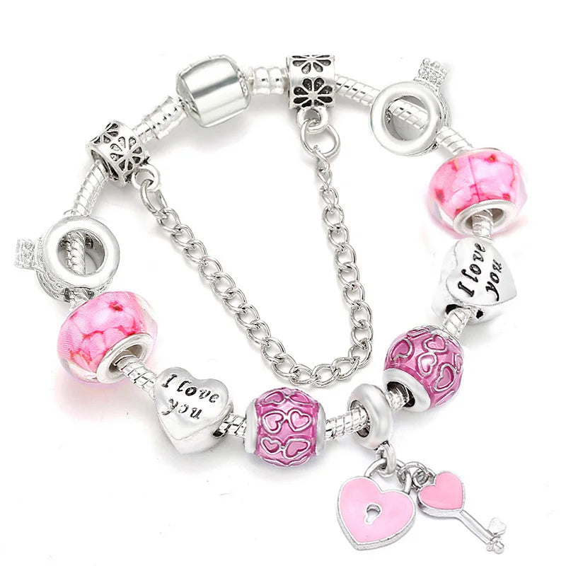 BAOPN Bracelets à breloques en perles cœur à cœur roses européennes pour femmes, bracelets et joncs de marque assortis, bijoux pour couple, livraison directe