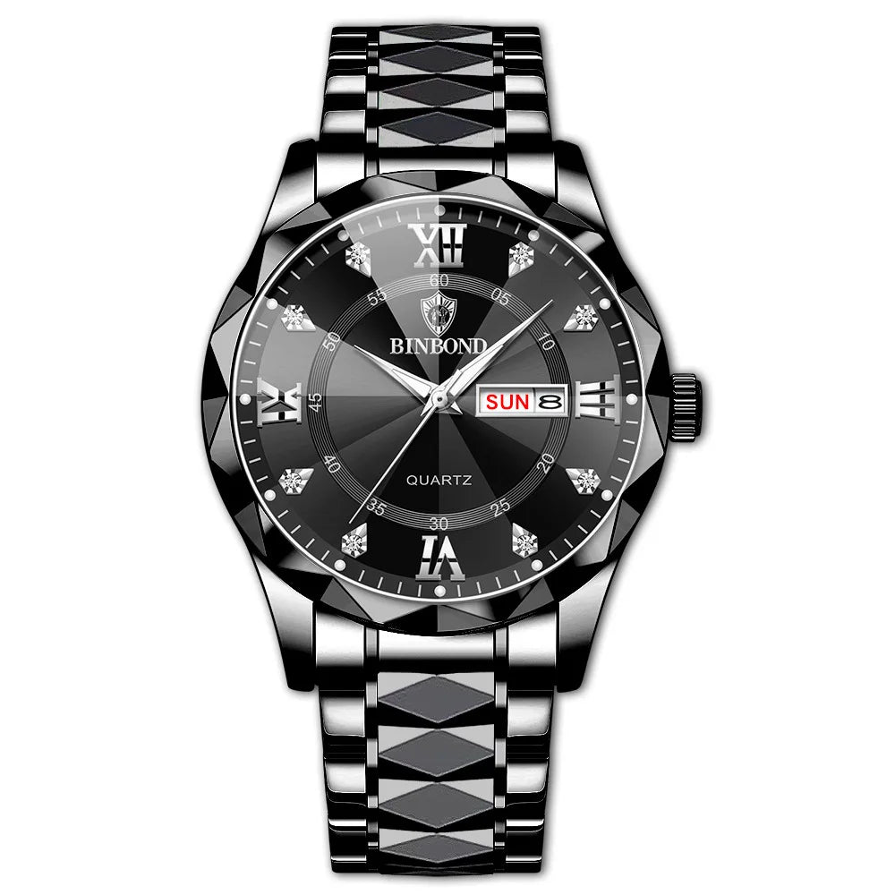 BINBOND Montre homme Acier inoxydable Qualité supérieure Luxe Fermoir caché à bouton poussoir Étanche Lumineuse Date Semaine Montres de sport