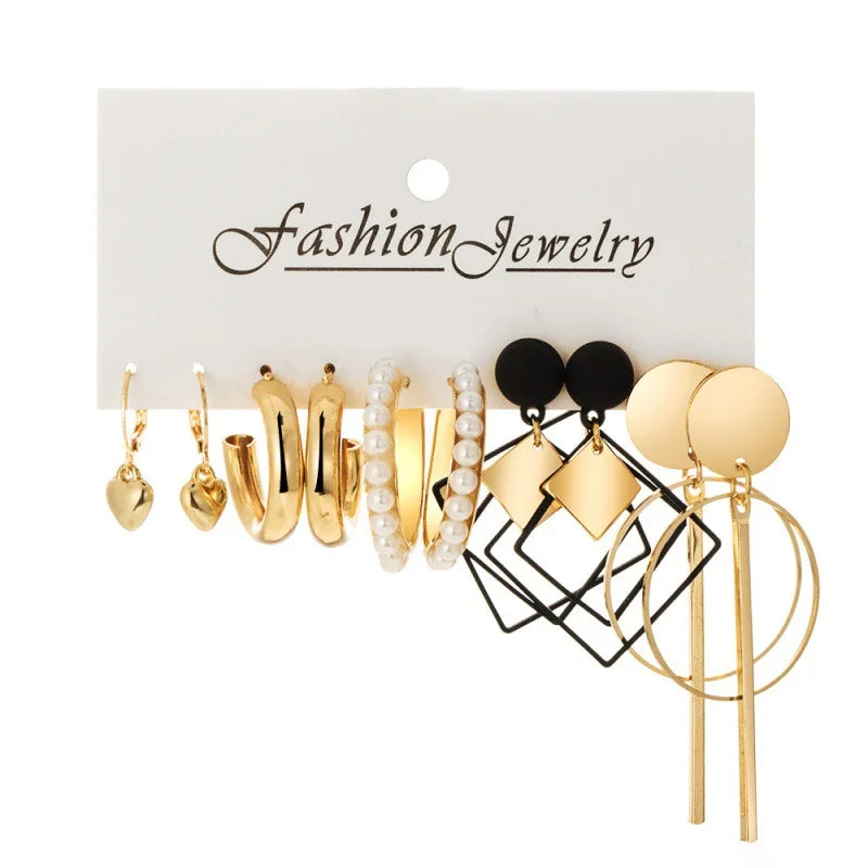 LATS Grand ensemble de boucles d'oreilles créoles bohèmes pour femmes, couleur or, style bohème, vintage, perle, boucles d'oreilles carrées, clous d'oreilles cœur en zircon, bijoux