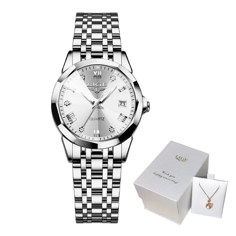 Montre-bracelet LIGE élégante ultra-fine de style nordique simple à mouvement quartz pour femme, bracelet en acier inoxydable tendance
