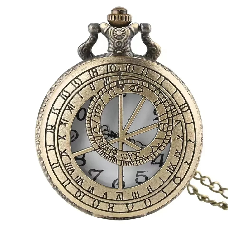 Montre de poche unisexe à quartz rétro en bronze avec motif boussole Zodiaque, montre de cou avec pendentif antique, cadeaux
