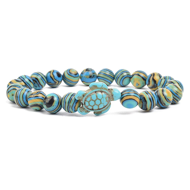 Bracelet perles tortues de mer 8 mm Turquoise Pierre Naturelle Élastique Extensible Femmes Hommes Amitié Bijoux d'Été Plage Cadeaux