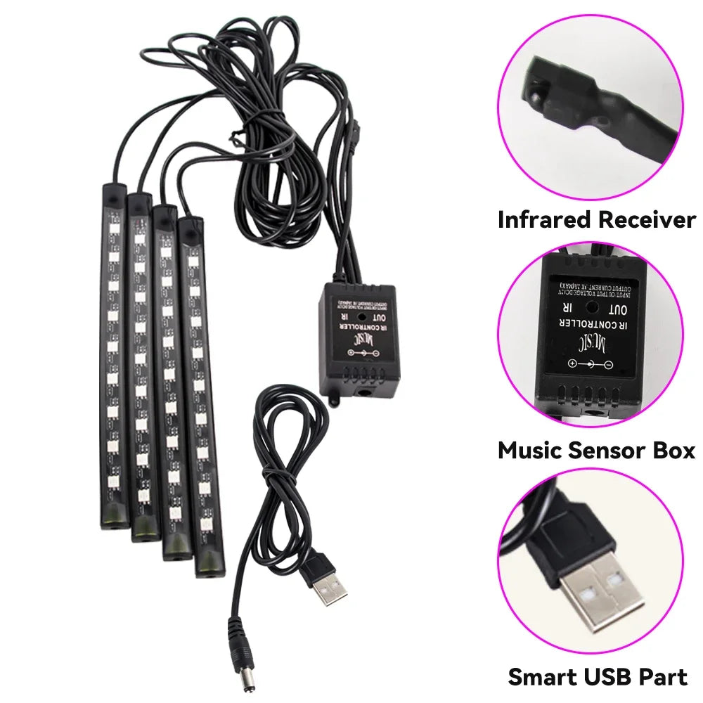 LED Car Foot Light Ambient Lamp With USB Wireless Remote Music Control Multiple Modes Automotive Interior Decorative Lights