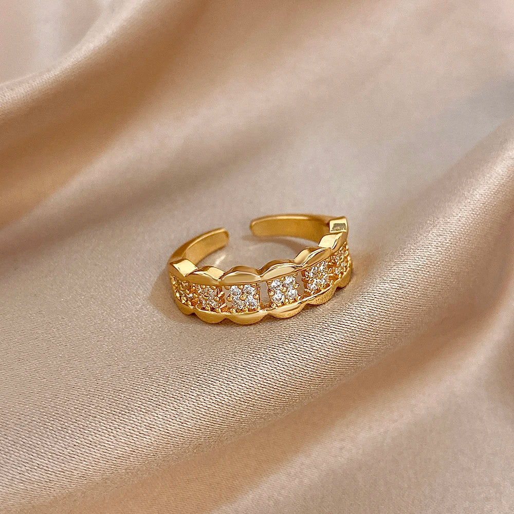 Bracelet et bague manchette multicouche de luxe en zircon micro-incrusté pour femmes, bracelets et bagues en cuivre plaqué or élégants, bijoux de mode