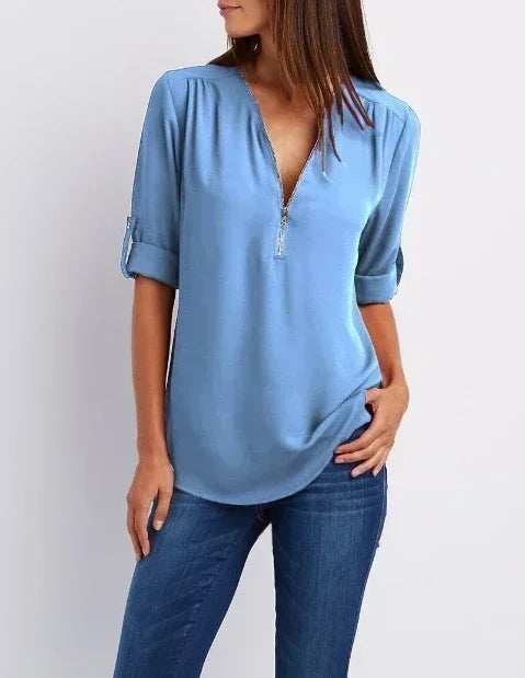 Chemise ample d'été pour femmes Col en V profond Blouse en mousseline Décontracté Tops pour femmes Sexy Fermeture éclair Pull Grande taille Manches longues Tendance