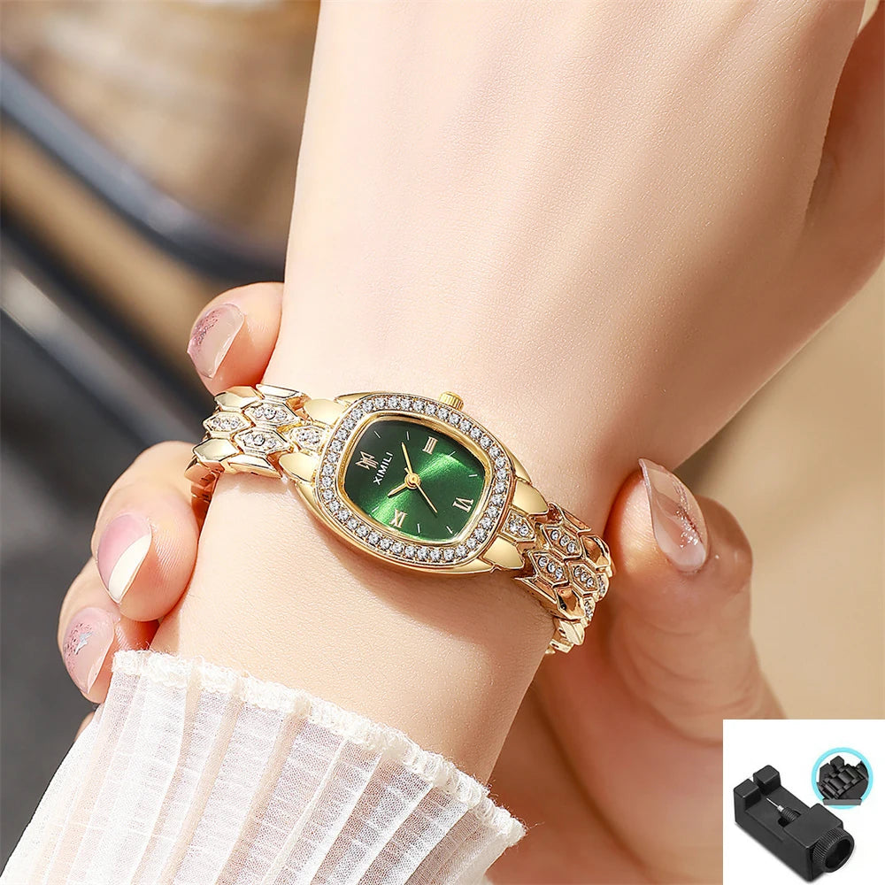 Montre à quartz de luxe pour femme, plaquée or, mode, simple, chiffres romains, tonneau, acier inoxydable, montre d'affaires, bracelet à boucle de qualité
