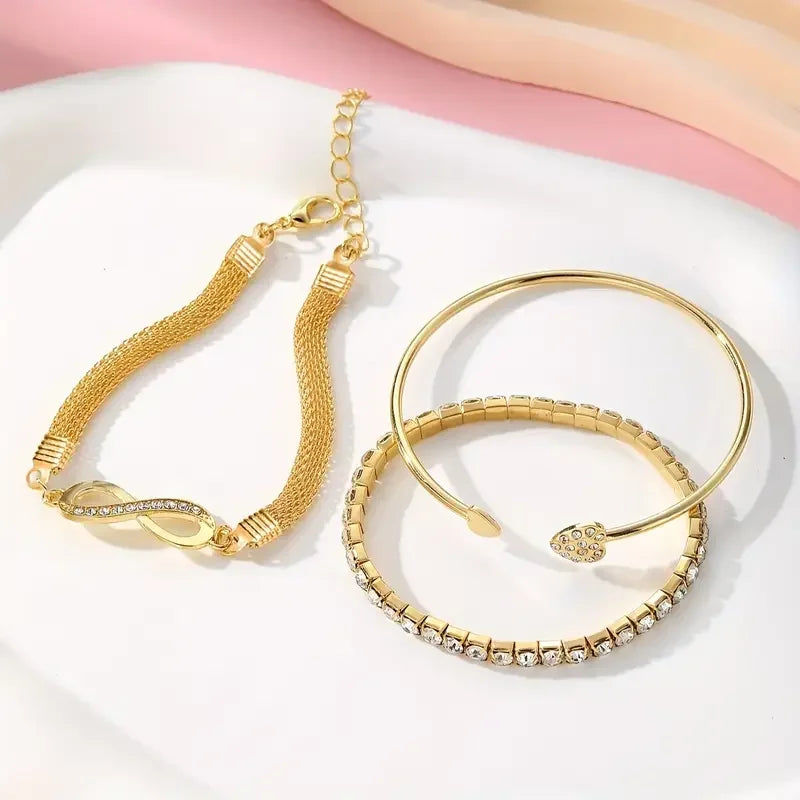 Lot de 3 bracelets en cristal strass cœur vintage pour femmes, à la mode, géométriques, ajustables, manchette infini, bijoux cadeau