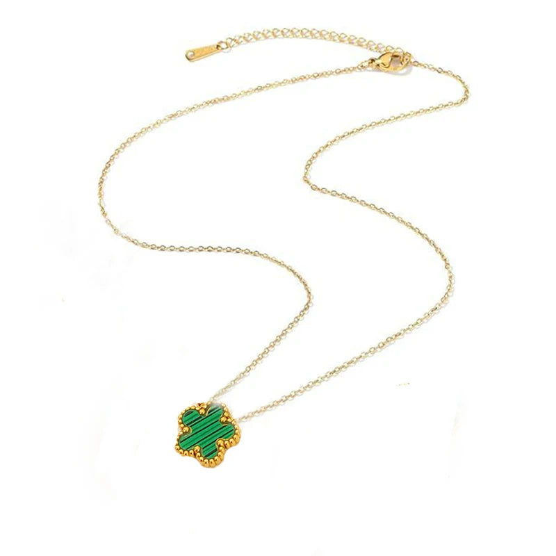 Collier en Acier Inoxydable Plaqué Or 14 Carats pour Femme, Pendentif Double Face Cinq Pétales de Fleur, Bijou Trèfle