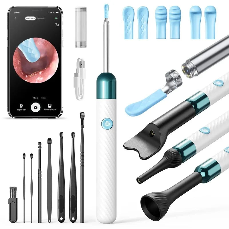 Élimination sans fil du cérumen avec caméra Nettoyeur d'oreille rechargeable Caméra HD avec kit de curettes Nettoyage du conduit auditif