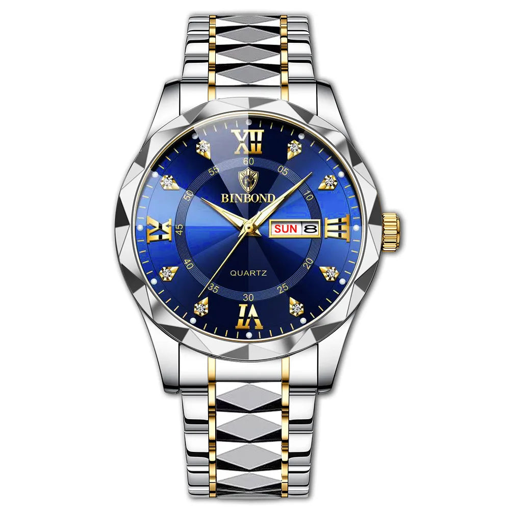 BINBOND Montre homme Acier inoxydable Qualité supérieure Luxe Fermoir caché à bouton poussoir Étanche Lumineuse Date Semaine Montres de sport
