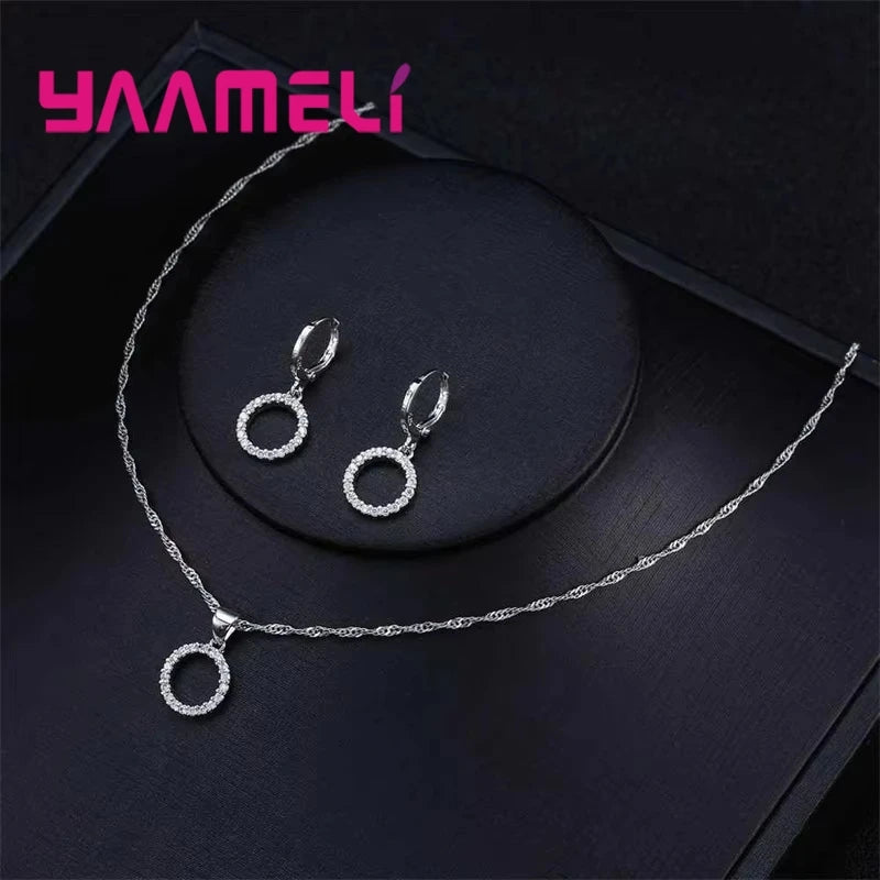 925 Sterling Silver Stamped Bridal Jewelry Sets Beads Cubic Zirconia Necklaces Hoop Earrings Women Girls Engagement Anniversary
