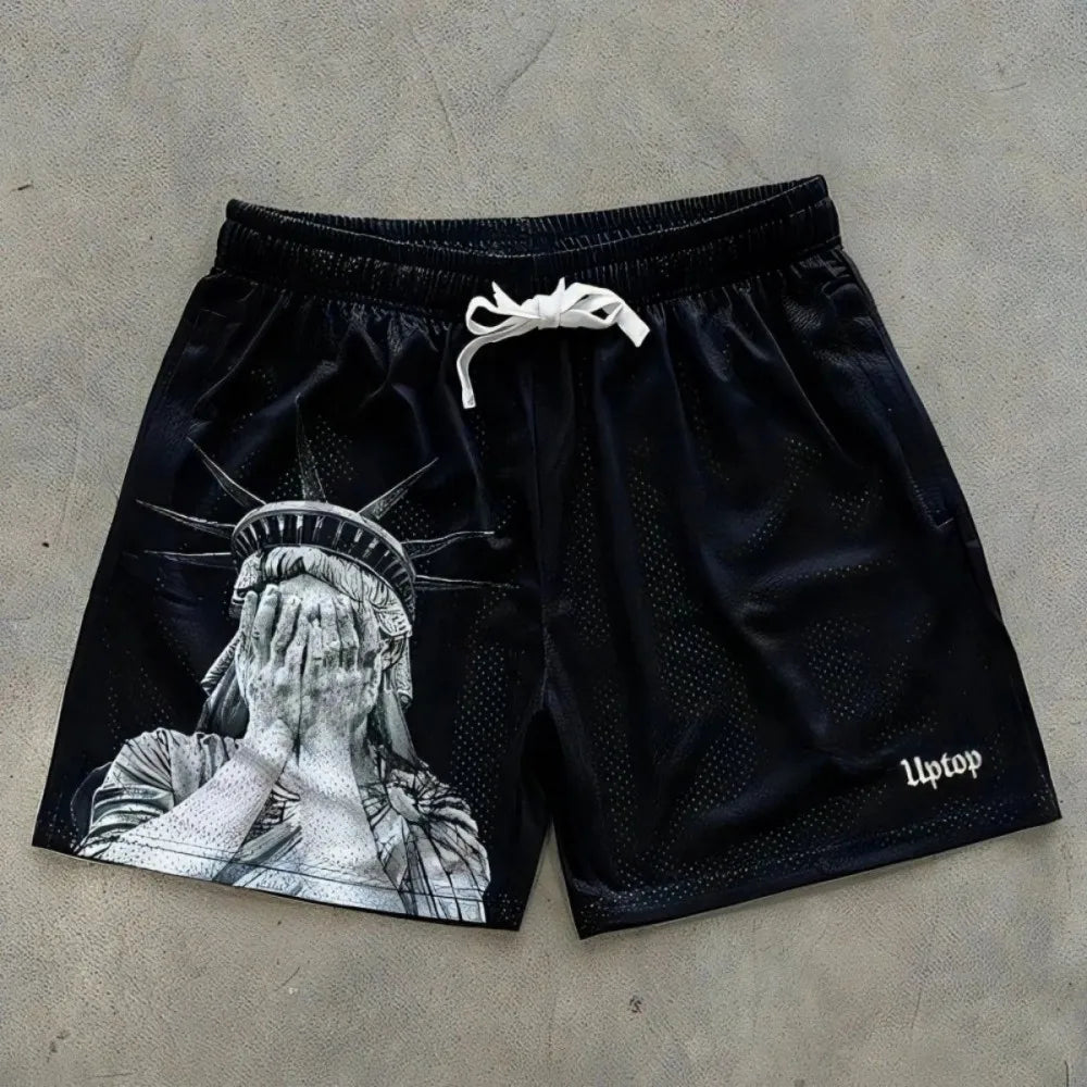 Shorts d'été pour hommes de style européen et américain, imprimé Statue de la Liberté, confortables et respirants, avec cordon de serrage, décontractés, pour l'extérieur