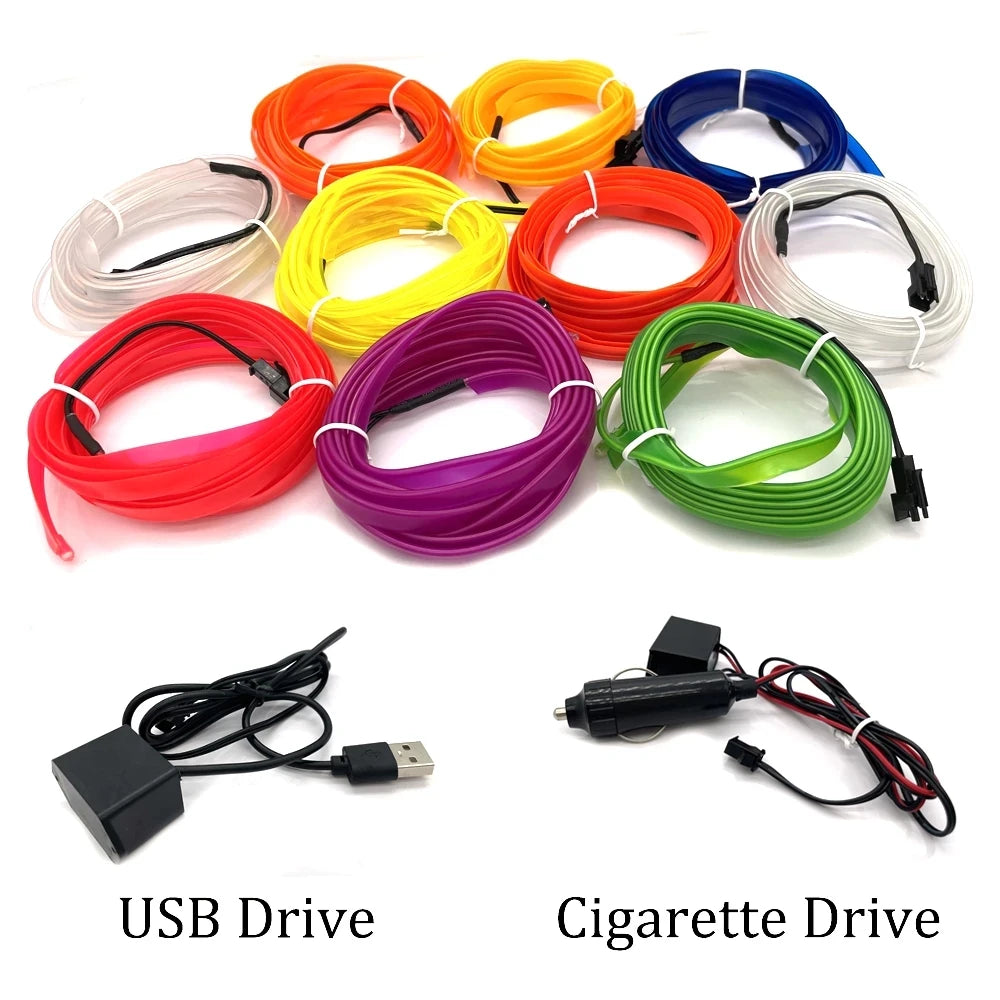 Fil EL de voiture Lumière LED Ambiance intérieure Bande LED Éclairage néon Guirlande Corde Fil Tube Décoration Tube flexible Couleurs LED Auto