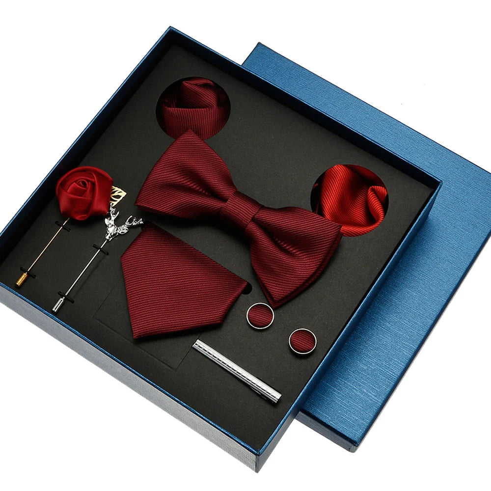 Cravate en soie pour hommes, nœud papillon, pochette, broches, boutons de manchette et pince à cravate pour hommes, accessoires de mariage rouge bordeaux, coffret cadeau