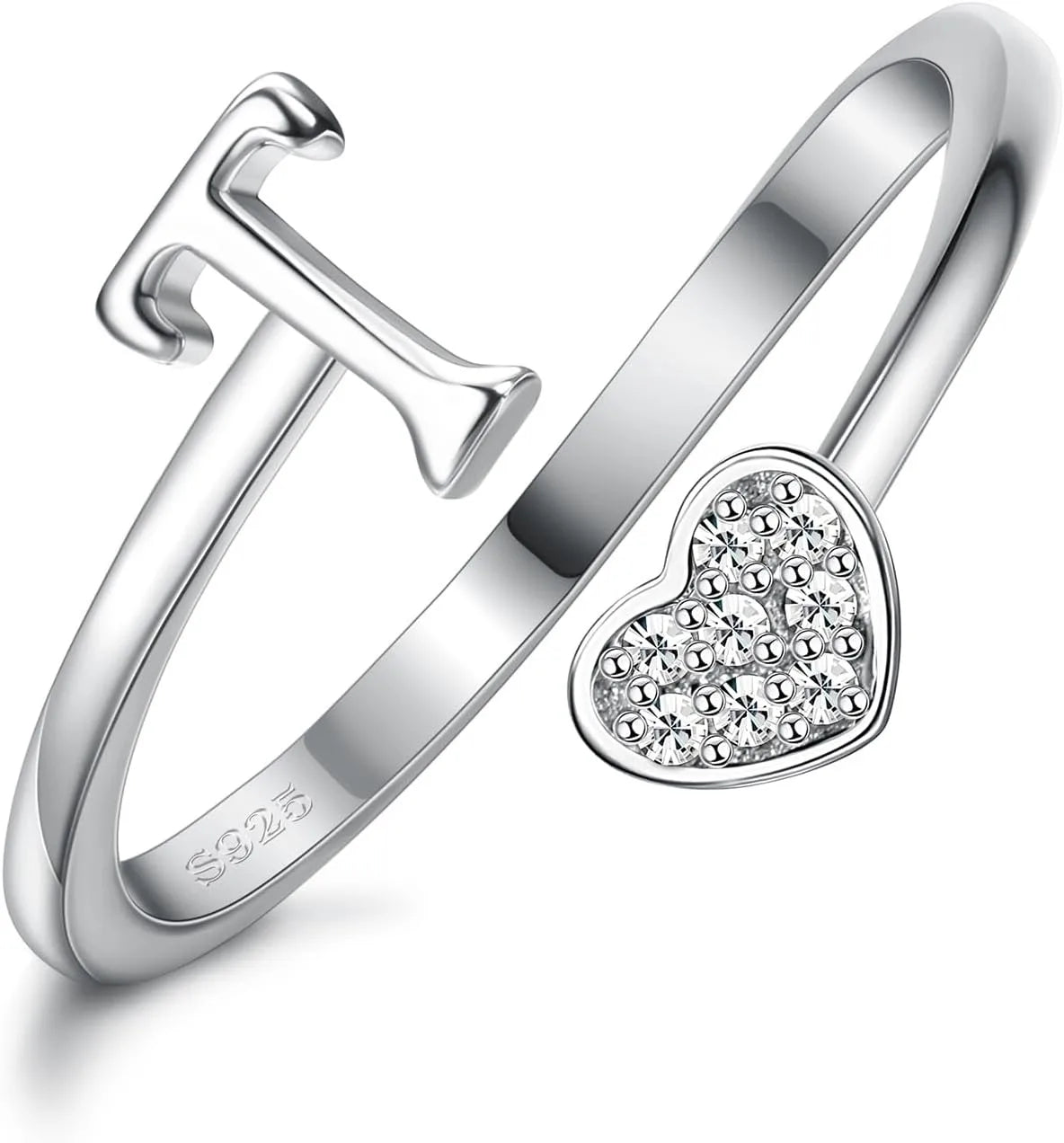 Fansilver Bagues initiales en argent sterling 925, bagues empilables réglables en forme de cœur, jolies bagues alphabétiques en forme de cœur, cadeau pour elle