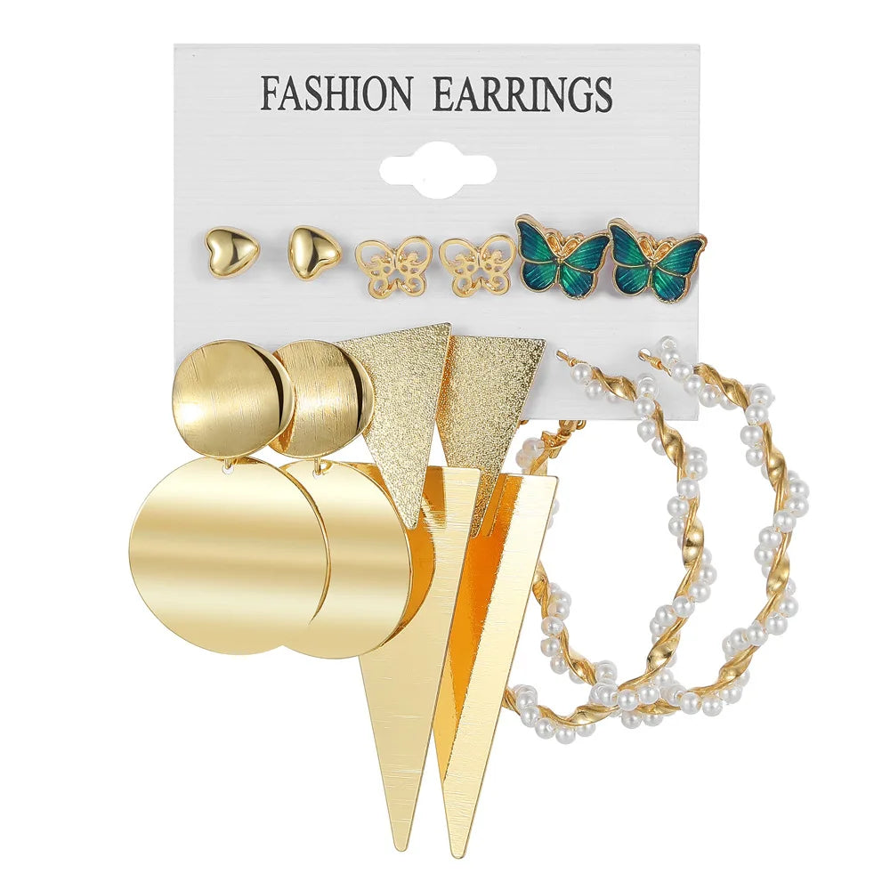 LATS Grand ensemble de boucles d'oreilles créoles bohèmes pour femmes, couleur or, style bohème, vintage, perle, boucles d'oreilles carrées, clous d'oreilles cœur en zircon, bijoux