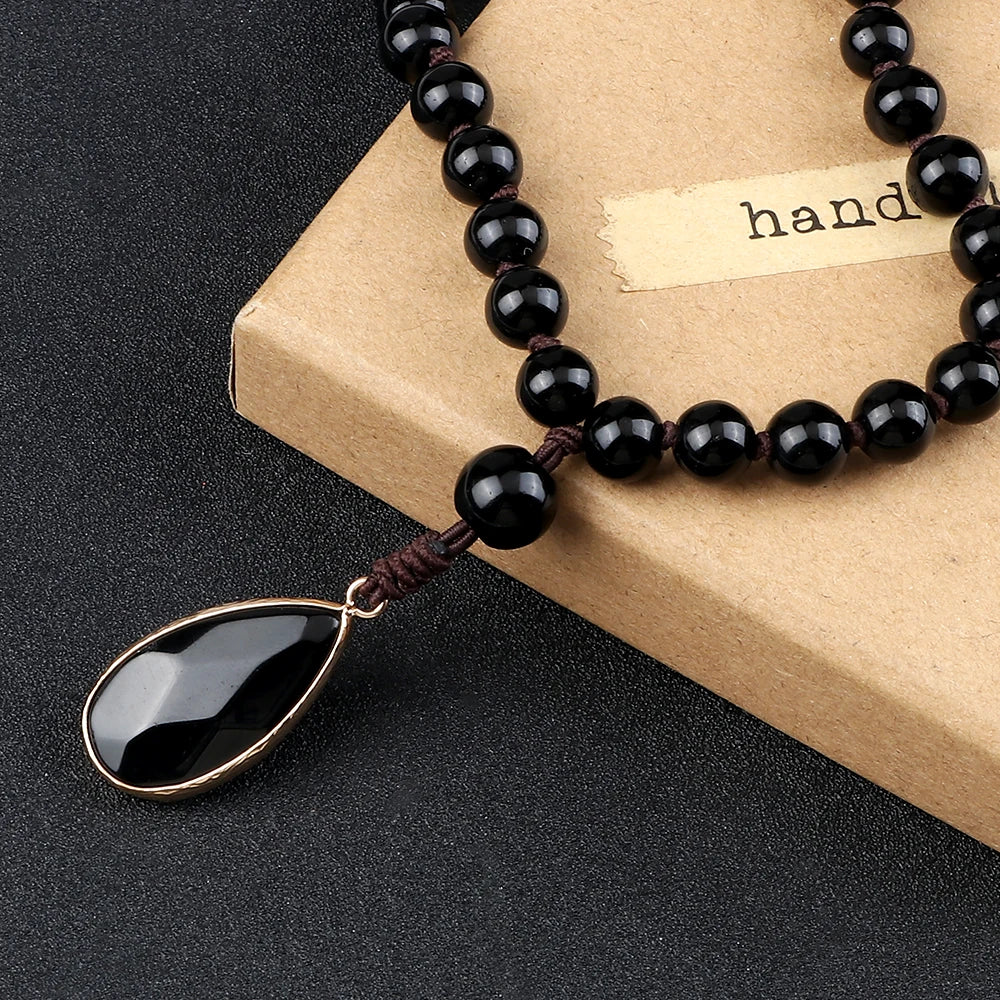 Collier pendentif goutte pour homme, fait à la main, perles d'onyx noir mat et brillant de 8 mm, collier chapelet pour femme, bijoux de yoga et de méditation, cadeaux