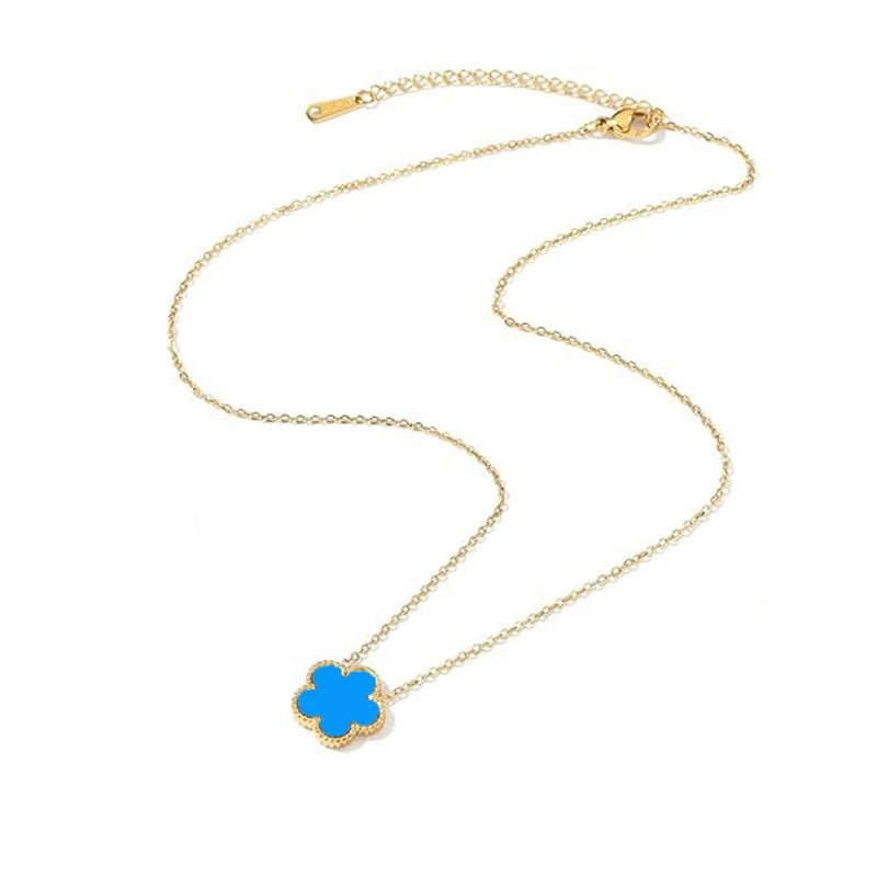 Collier en Acier Inoxydable Plaqué Or 14 Carats pour Femme, Pendentif Double Face Cinq Pétales de Fleur, Bijou Trèfle