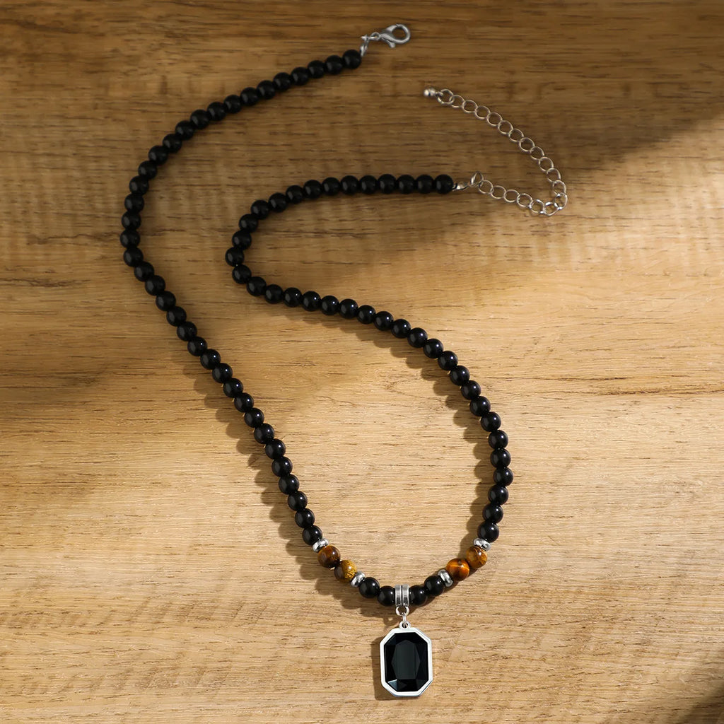 Collier chapelet perles œil de tigre HNSP pour hommes, pendentif cristal noir, bijoux de protection religieuse