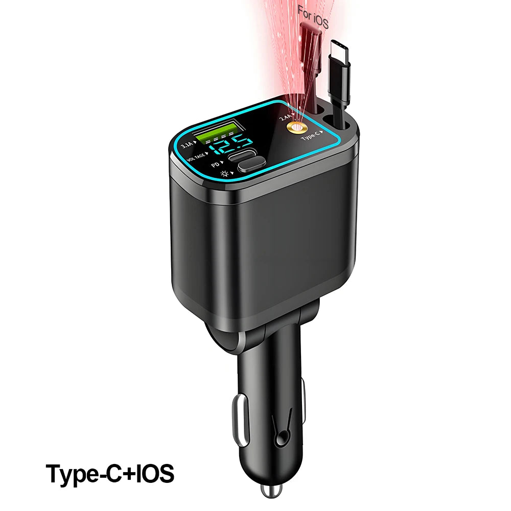 KEBIDUMEI M4 Chargeur de voiture rétractable 5-EN-1 Câble de charge rapide avec lumière étoilée Port USB PD Adaptateur d'alimentation Type-C Chargeurs de téléphone