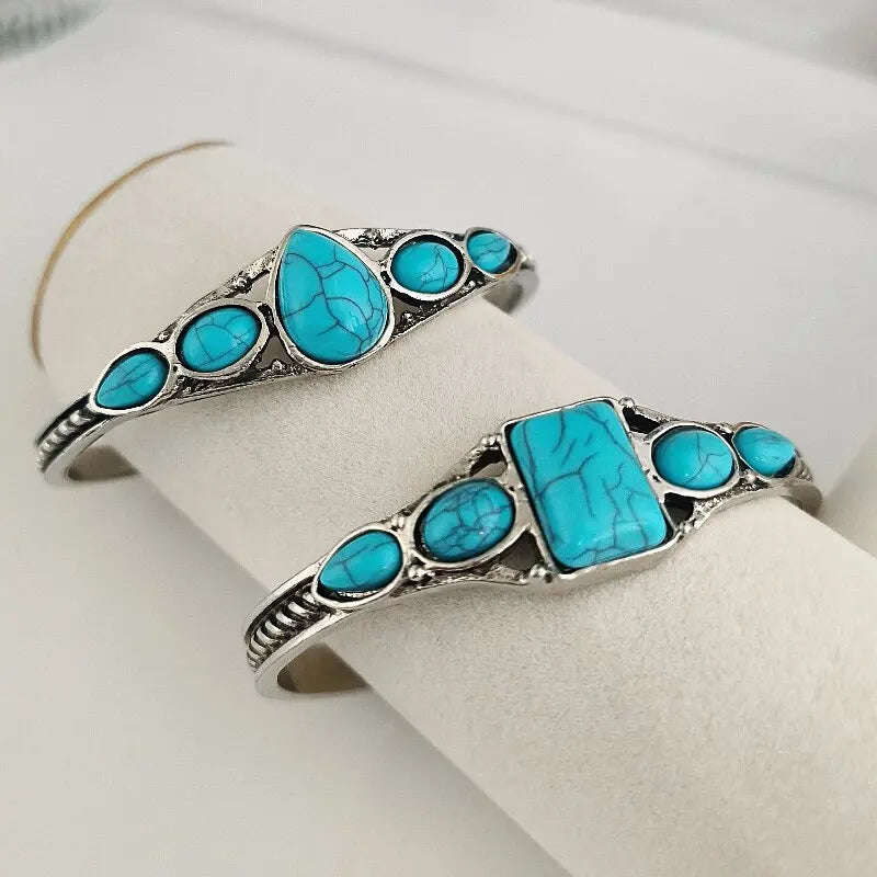 1pc nouveau style personnalité rétro turquoise sculpté géométrique évidé accessoires de luxe léger bracelet ouvert réglable