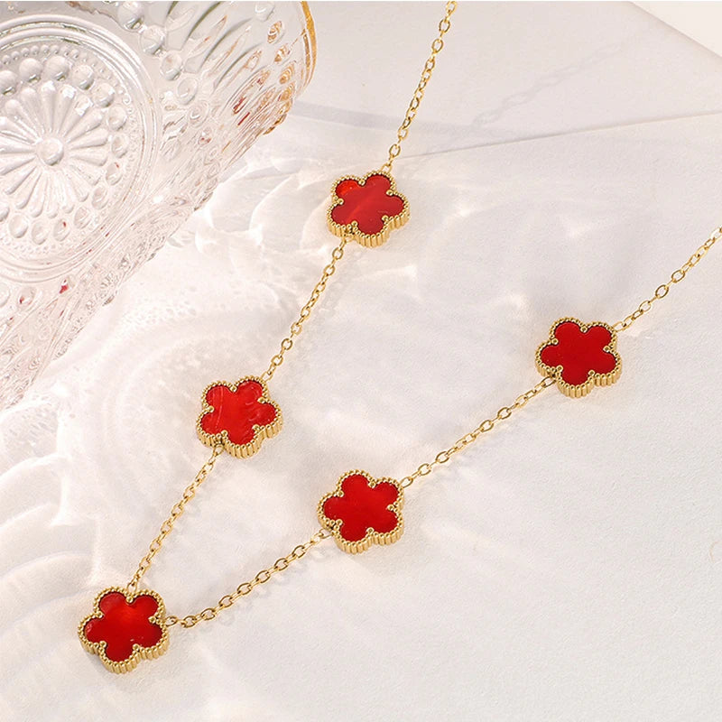 Collier en Acier Inoxydable Plaqué Or 14 Carats pour Femme, Pendentif Double Face Cinq Pétales de Fleur, Bijou Trèfle