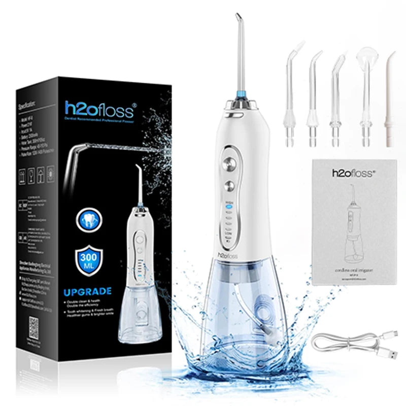 Hydropulseur sans fil H2ofloss 140 PSI, 5 modes, 5 embouts, 300 ml, batterie 2500 mAh, rechargeable par USB, irrigateur buccal portable pour le nettoyage des dents