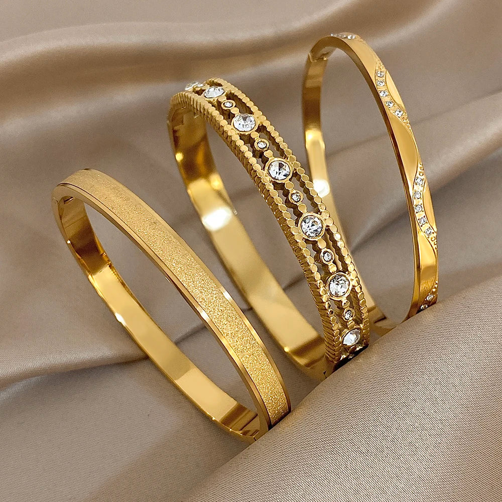 Exquis Bracelet Jonc Incrusté de Zircon Nouvelle Manchette Plaqué Or Femme Homme Géométrique Empilable Étanche Breloques Bijoux Cadeaux