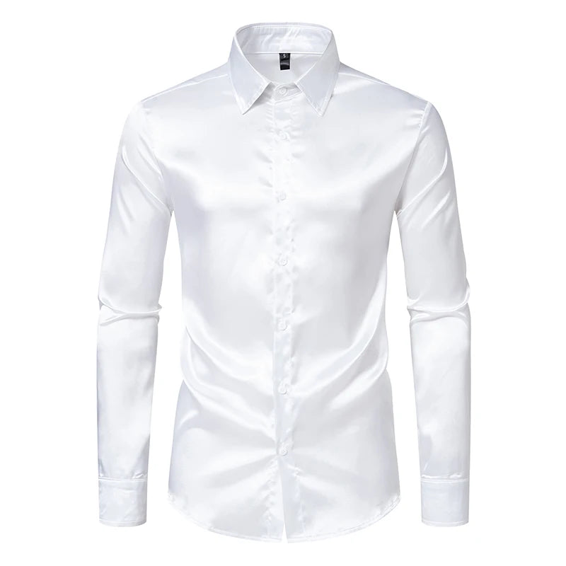 Chemises habillées de luxe en satin noir pour hommes, chemise de smoking lisse en soie, chemise unie pour mariage, bal, décontractée, bureau d'affaires
