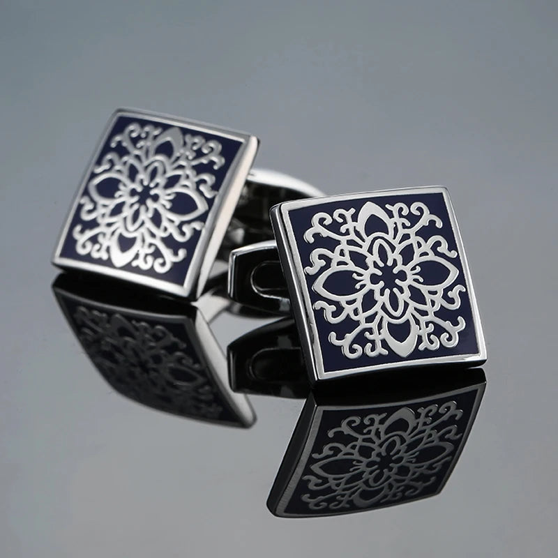 Boutons de manchette carrés classiques pour chemise française de luxe pour homme, motifs rétro bleus et noirs, accessoires de costume, bijoux, vente en gros
