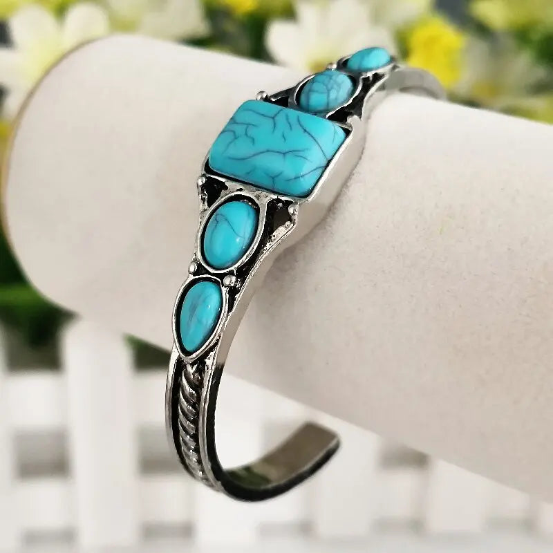 1pc nouveau style personnalité rétro turquoise sculpté géométrique évidé accessoires de luxe léger bracelet ouvert réglable