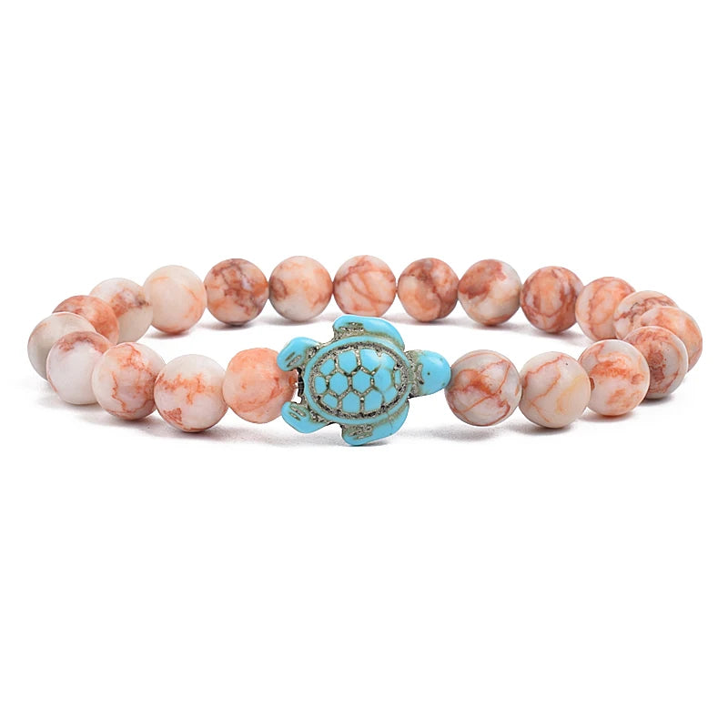 Bracelet perles tortues de mer 8 mm Turquoise Pierre Naturelle Élastique Extensible Femmes Hommes Amitié Bijoux d'Été Plage Cadeaux