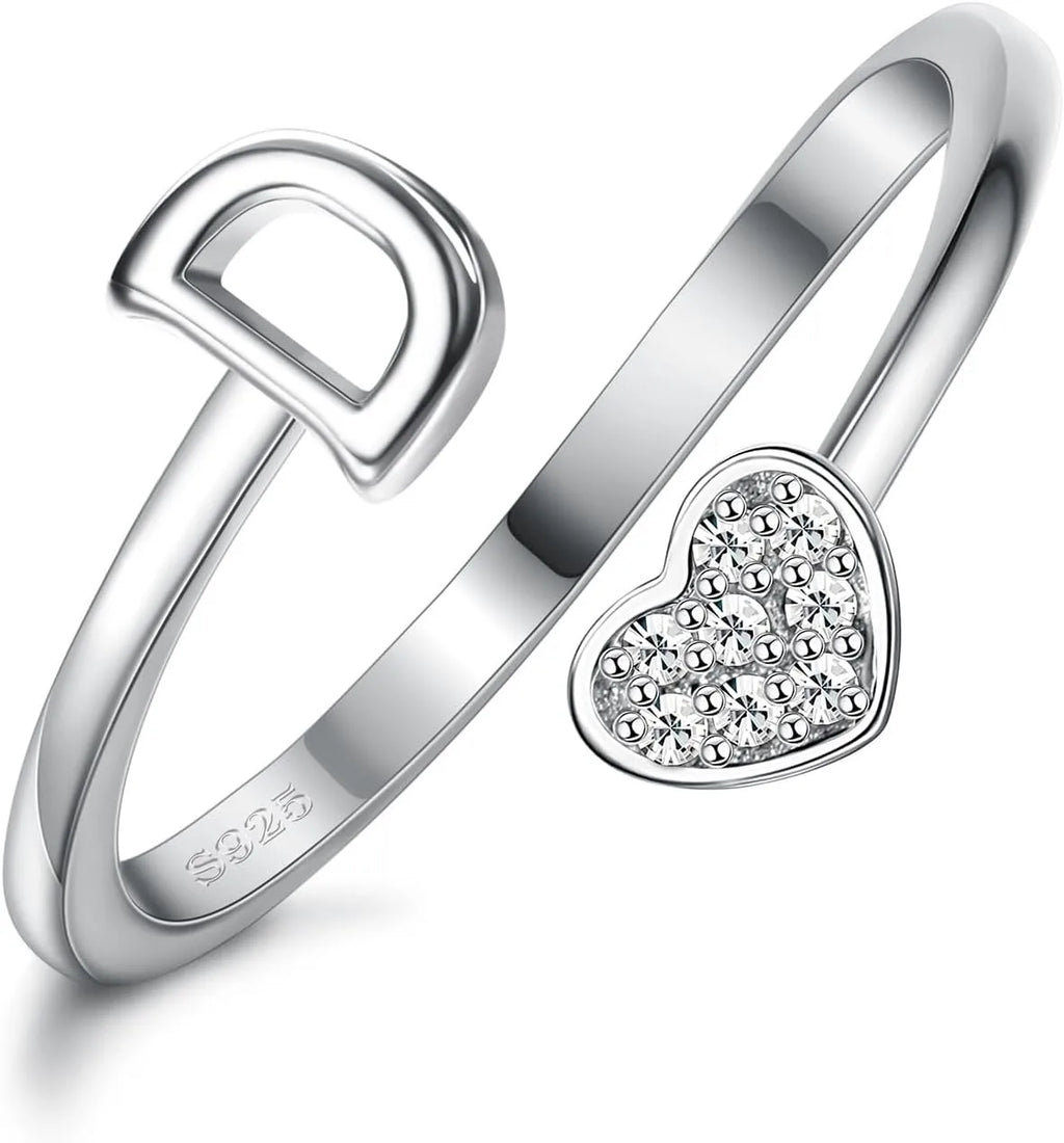 Fansilver Bagues initiales en argent sterling 925, bagues empilables réglables en forme de cœur, jolies bagues alphabétiques en forme de cœur, cadeau pour elle