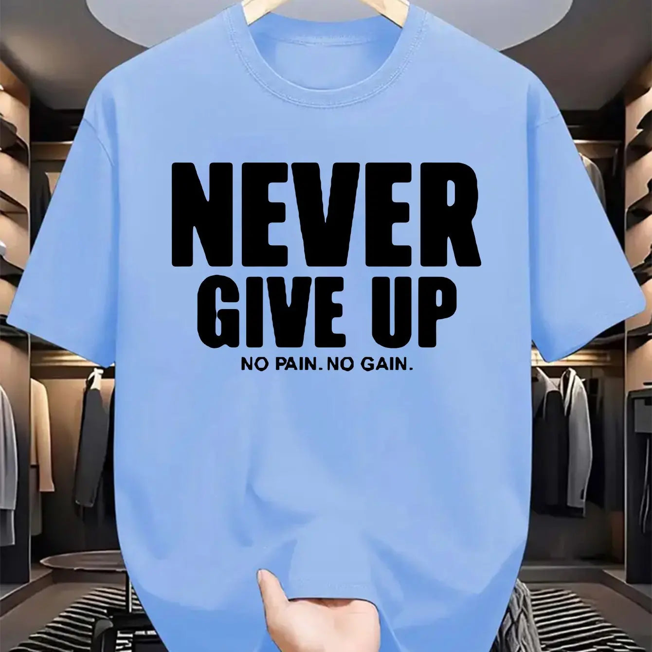 T-shirt homme à manches courtes et col rond, 100 % coton pur, décontracté, ample, avec motif de lettres "never give up" imprimé