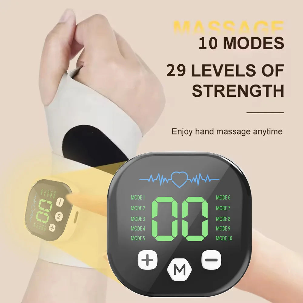 Masseur de poignet électrique sans fil EMS 10 modes de vibration Soulagement de la fatigue musculaire des mains Massage Rechargeable USB Attelle de poignet