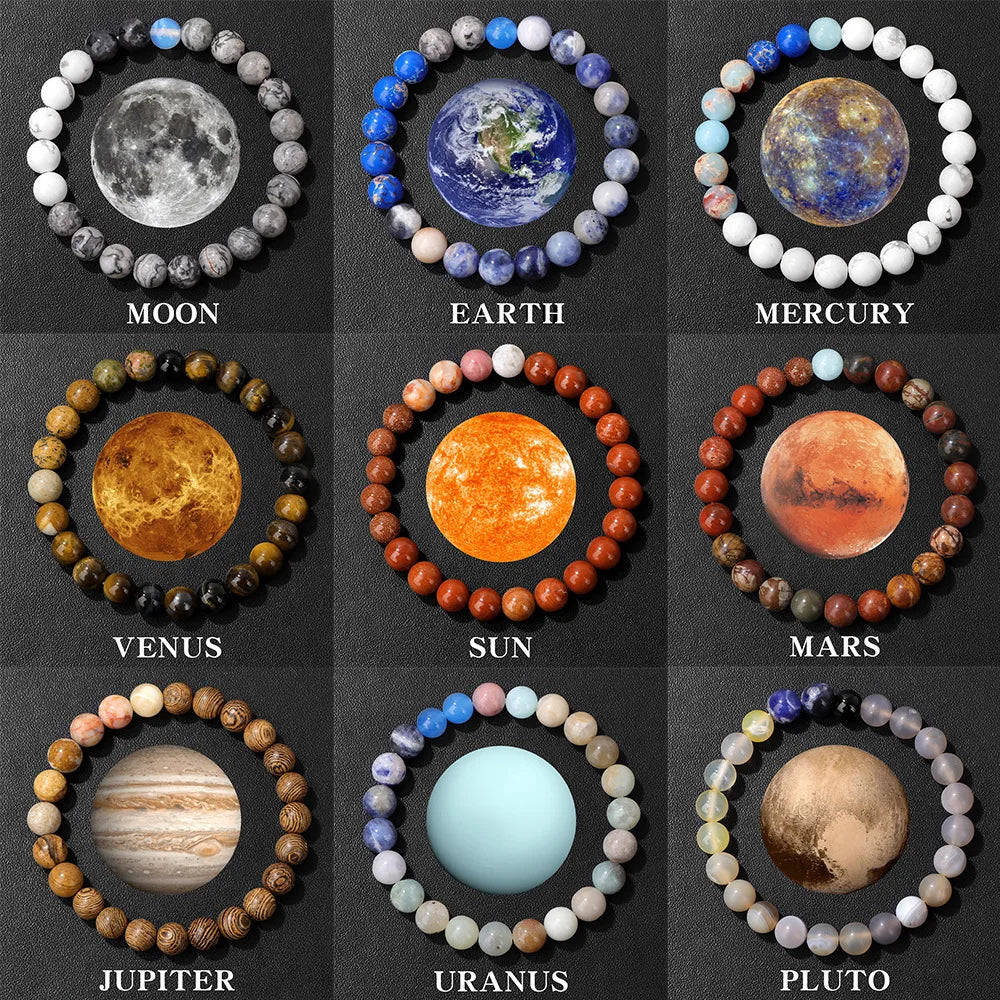 HNSP Bracelet en Perles de 8 MM pour Hommes Femmes Planètes du Système Solaire Chapelet à Main Accessoires Soleil Lune Terre Bracelet Corde