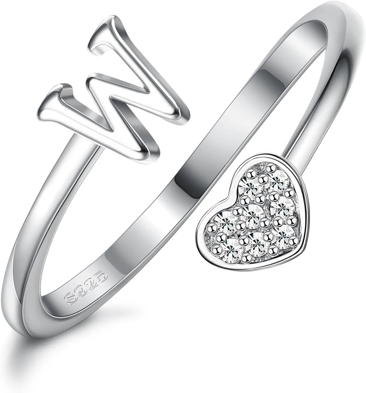 Fansilver Bagues initiales en argent sterling 925, bagues empilables réglables en forme de cœur, jolies bagues alphabétiques en forme de cœur, cadeau pour elle
