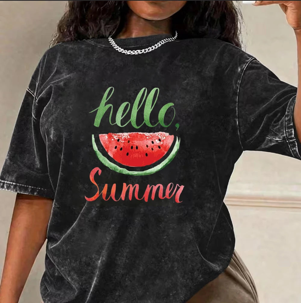 T-shirt Lavé Noir Vintage Pastèque Coco Ambiance Estivale Imprimé Boissons Tropicales Décontracté Surdimensionné en Coton Pour la Plage