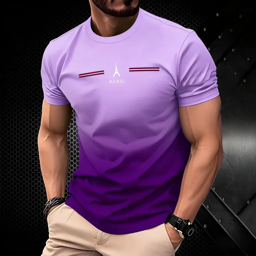 T-shirt homme d'été dégradé 3D simple avec impression Paris, vêtement décontracté, coupe oversize, col rond, manches courtes, pour le sport