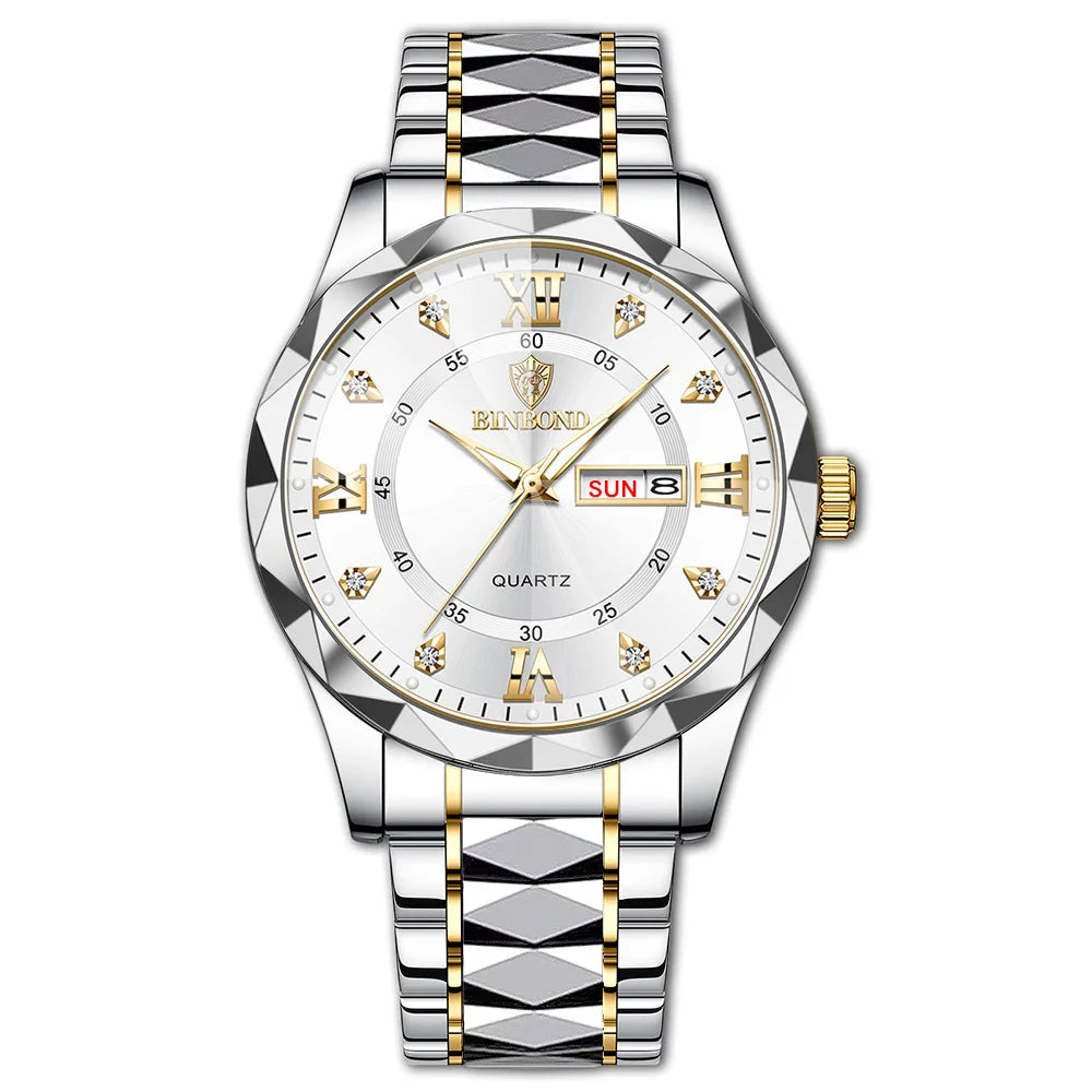 BINBOND Montre homme Acier inoxydable Qualité supérieure Luxe Fermoir caché à bouton poussoir Étanche Lumineuse Date Semaine Montres de sport